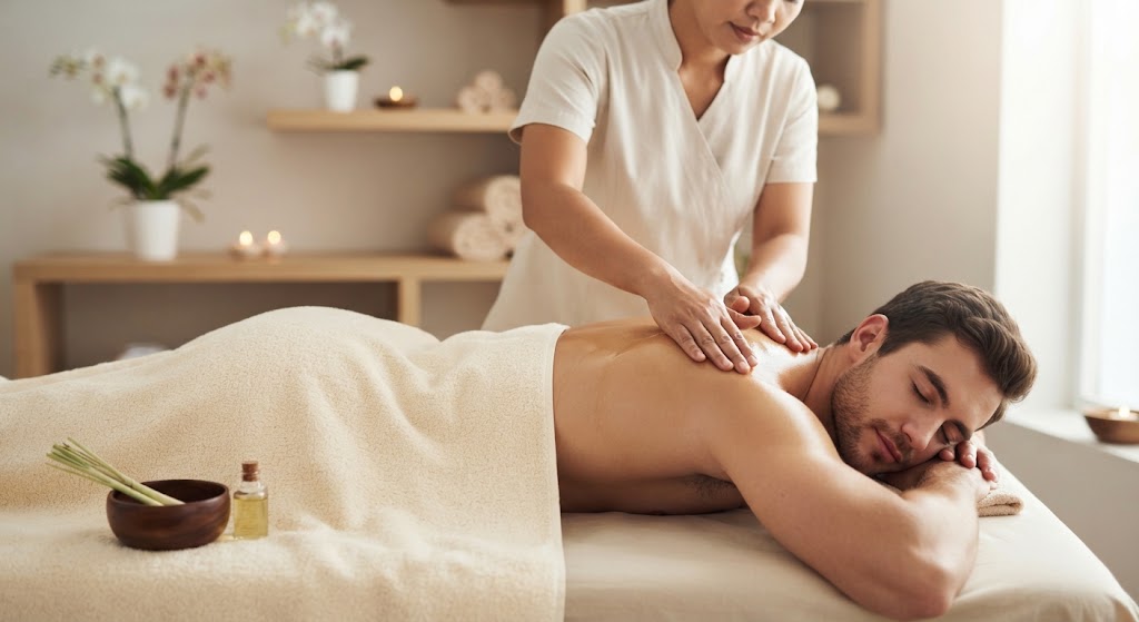 Professional therapist performing a relaxing Thai oil massage on a male client's back in a serene spa setting.