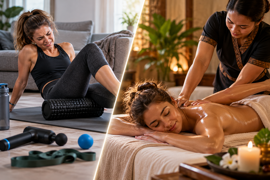 Split image comparing painful at-home foam rolling with a relaxing professional Thai oil massage for muscle recovery.